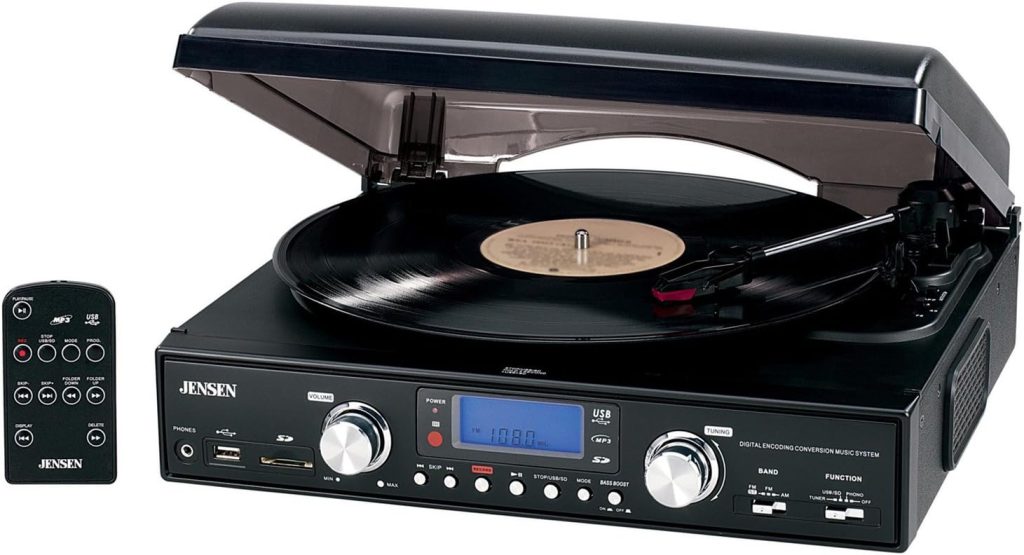 JENSEN JTA-460 Digital 3-Speed Stereo Turntable with MP3 Encoding  AM/FM Receiver