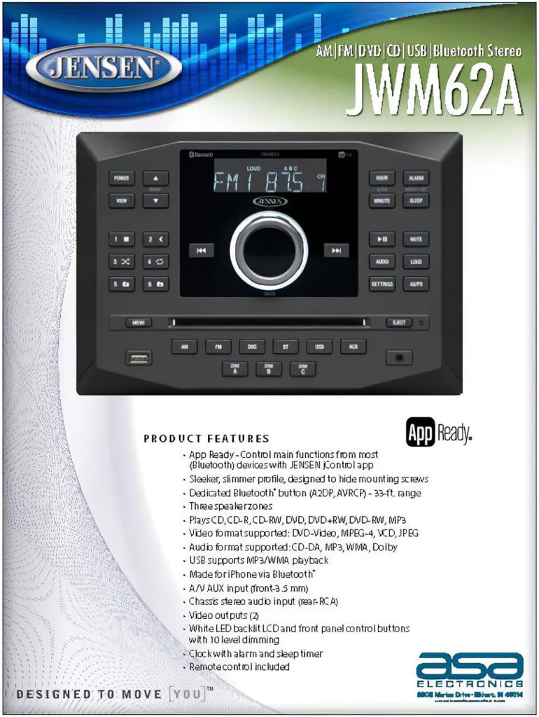 Jensen JWM62A AM|FM|DVD|CD|USB|AUX|App Ready Bluetooth Wallmount Stereo w/App Control, 3-Speaker Zones / 8 Speaker Output 8X 6 Watt, Receives Bluetooth Audio (A2DP) (Renewed)