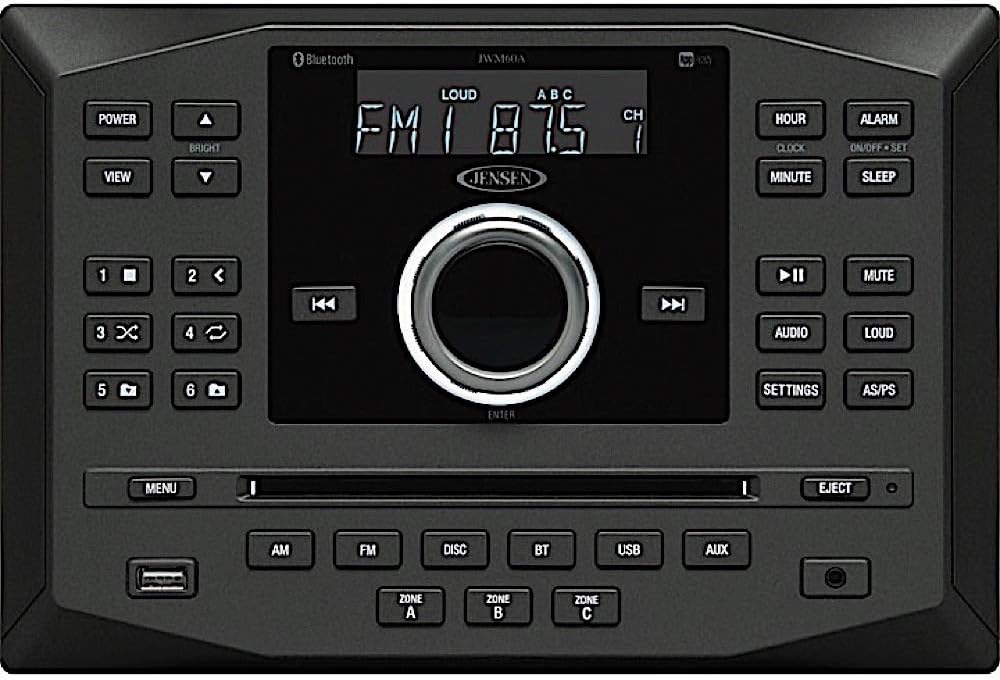 Jensen JWM62A AM|FM|DVD|CD|USB|AUX|App Ready Bluetooth Wallmount Stereo with App Control, Plays: CD, CD-R, CD-RW, DVD, MP3, DVD-Video, MPEG-4, VCD, JPEG, CD-DA, MP3, WMA, Dolby Black 8.5 x 8.5