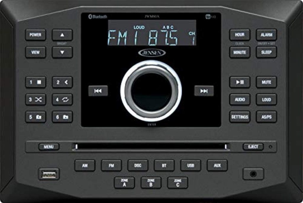 Jensen JWM62A AM|FM|DVD|CD|USB|AUX|App Ready Wallmount Stereo w/ App Control, 3-Speaker Zones / 8 Speaker Output 8X 6 Watt, Receives Bluetooth Audio (A2DP)  Controls (AVRCP) from Devices