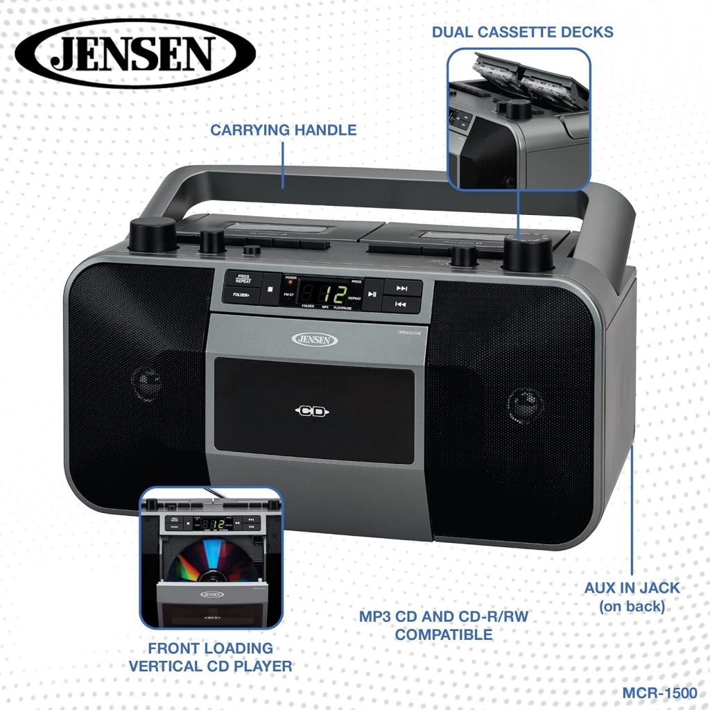 JENSEN MCR-1500 Portable Stereo CD Player and Dual-Deck Cassette Player/Recorder with AM/FM Radio, Gray