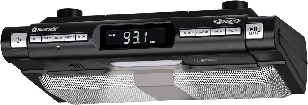 Jensen Modern Wireless Under Cabinet Kitchen Universal Bluetooth Music System, FM Radio, Clock LCD Digital Display, Built-in Hands-Free Mic  Speakers (Includes Mounting Hardware)