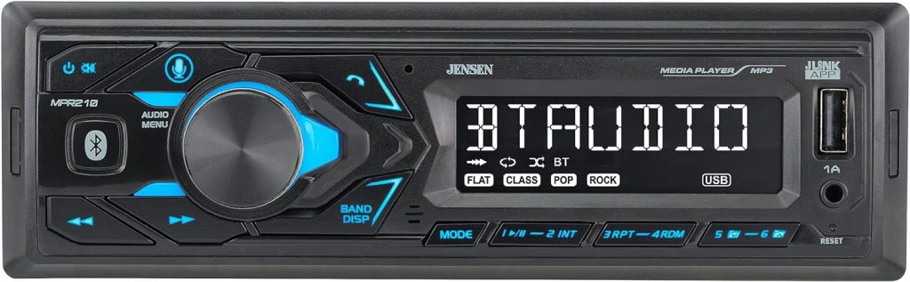 JENSEN MPR210 7 Character LCD Single DIN Car Stereo Radio | Push to Talk Assistant | Bluetooth Hands Free Calling  Music Streaming | AM/FM Radio | USB Playback  Charging | Not a CD Player