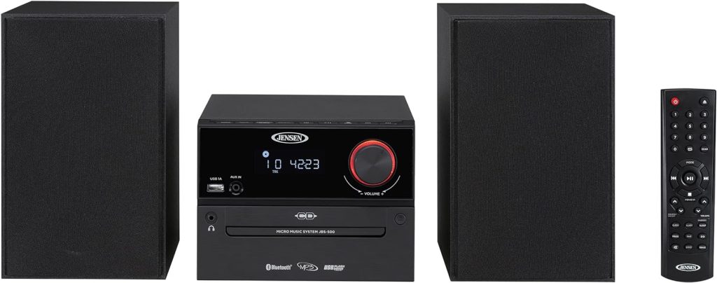 Jensen Professional JBS-500 Compact Bluetooth Wireless Music Stereo System Home CD Player, MP3 USB, Audio in,Headphone Jack,FM Radio, 30W - (Jet Black Exclusive)