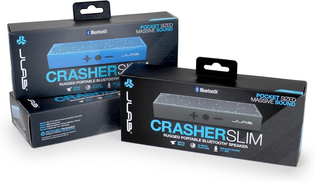 JLab Audio Crasher Slim- METAIL Build Rugged Portable Splashproof Bluetooth Speaker with 10 Hour Battery - Black