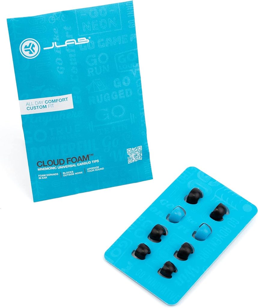JLab Cloud Foam Mnemonic Earbud Tips, 4 Pairs of Custom Fit Universal Tips, Memory Cloud Foam, Black/Blue