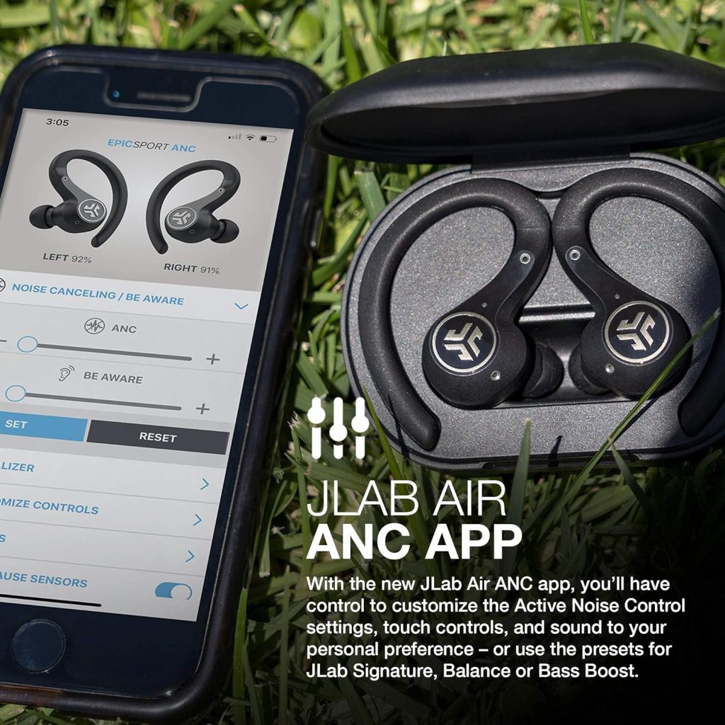 JLab Epic Air Sport ANC True Wireless Bluetooth 5 Earbuds, Headphones for Working Out, IP66 Sweatproof, 15-Hour Battery Life, 55-Hour Charging Case, Music Controls, 3 EQ Sound Settings