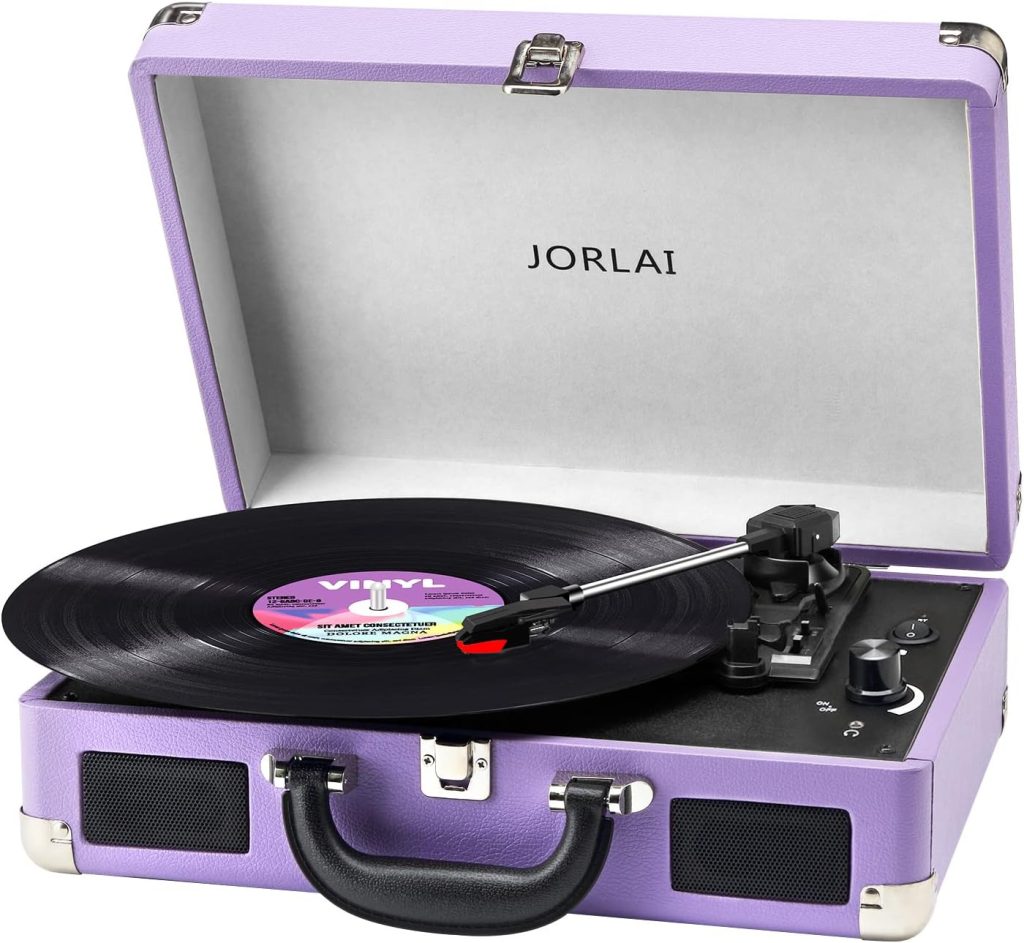 JORLAI Record Player with Bluetooth 3 Speed Vinyls Vintage Turntbale Built in Battery Portable Suitcase Support Aux in RCA Line Out Headphone Jack Purple