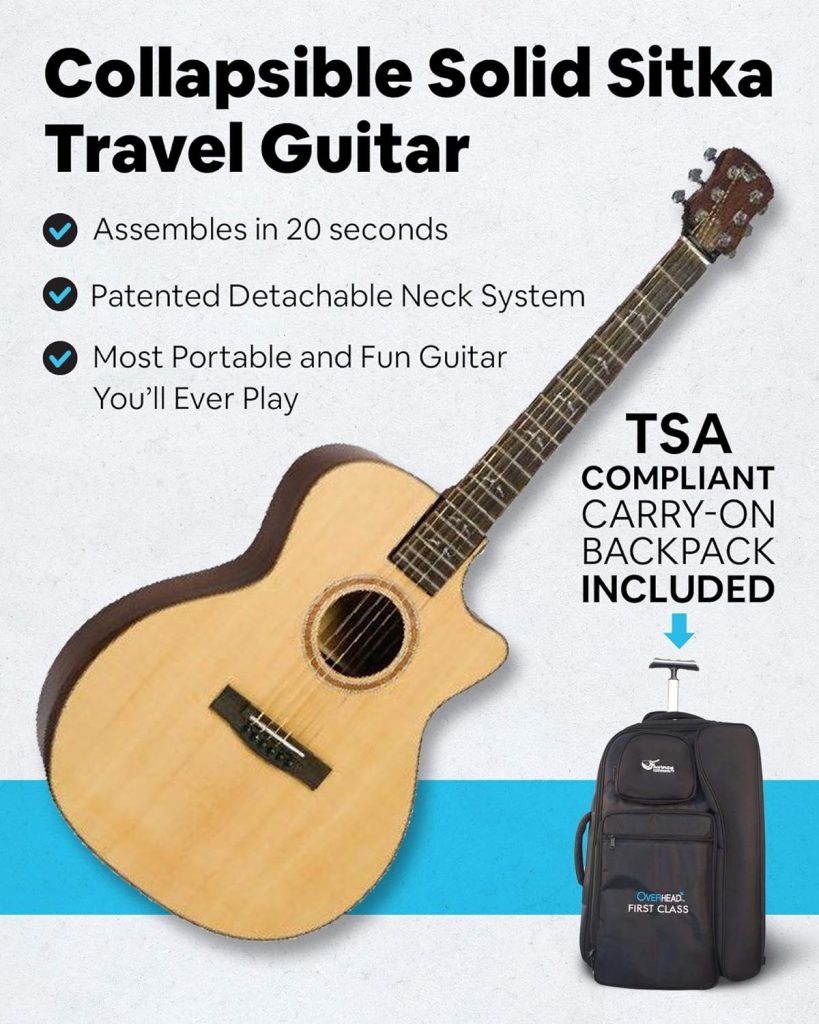 Journey Instruments Solid Sitka Travel Guitar – PJ410N Traveling Acoustic Guitar with Collapsible Patented System – Portable Backpack Case (African Mahogany)