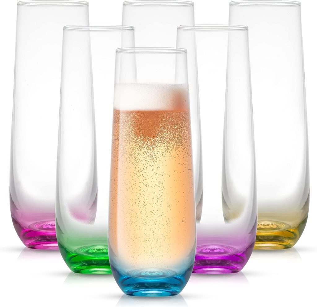 JoyJolt HUE Stemless Champagne Flutes Set of 6 Colored Glasses. 9.4oz Champagne Glasses. Prosecco Wine Flute, Mimosa Glasses Set, Cocktail Glass Set, Stemless Glasses, Crystal Glasses, Bar Glassware