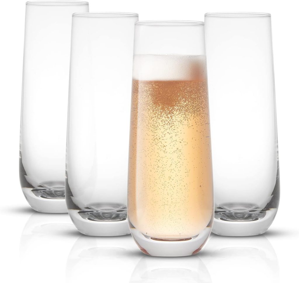 JoyJolt Milo Stemless Champagne Flutes Set of 4 Crystal Glasses. 9.4oz Champagne Glasses. Prosecco Wine Flute, Mimosa Glasses Set, Cocktail Glass Set, Water Glasses, Highball Glass, Bar Glassware