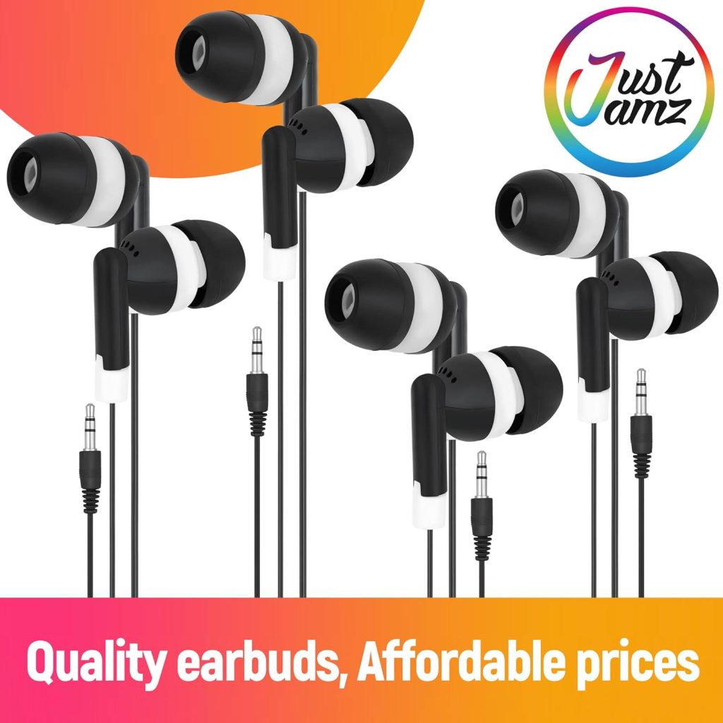 JustJamz Bulk Earbuds 100 Pack | Basic Ear Bud, Black Dot in-Ear Earbuds, Disposable Headphones, Class Headphones Set for Students, Earphones for Class, Kids, Classroom, Library,Wired Earbuds Bundle