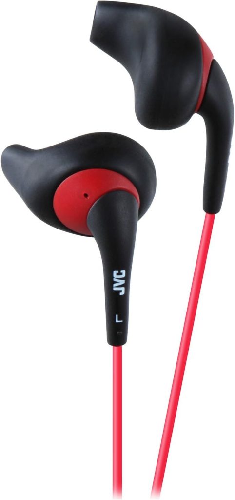 JVC Black and Red Nozzel Secure Comfort Fit Sweat Proof Gumy Sport Earbuds with long colored cord HA-EN10B