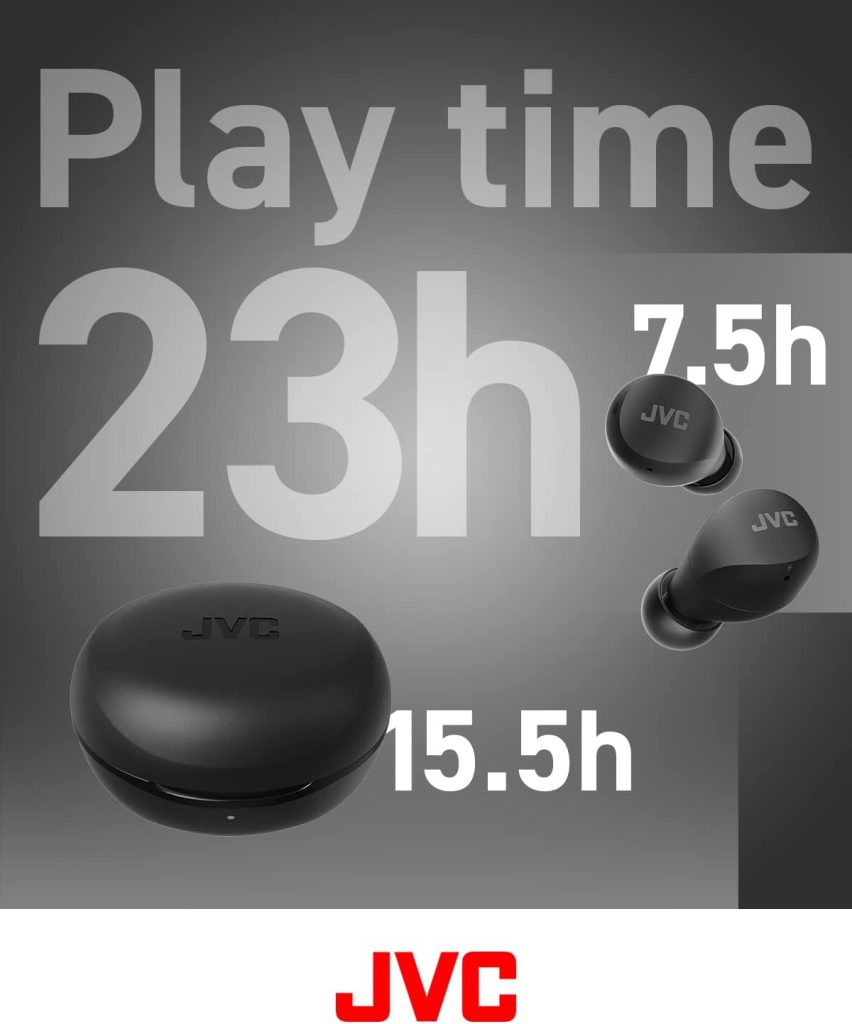 JVC Compact and Lightweight Gumy Mini True Wireless Earbuds Headphones, Long Battery Life (up to 23 Hours), Sound with Neodymium Magnet Driver, Water Resistance (IPX4) - HAA6TB (Black)