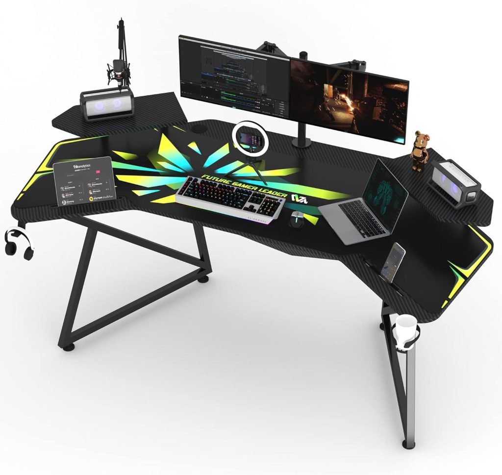 JWX Gaming Desk with Removable Speaker Stand, 72 Large Studio Wing-Shaped Gaming Desk with Headphone Stand, Cup Holder for Live Streamer, Social Media Influencers  Music Recording
