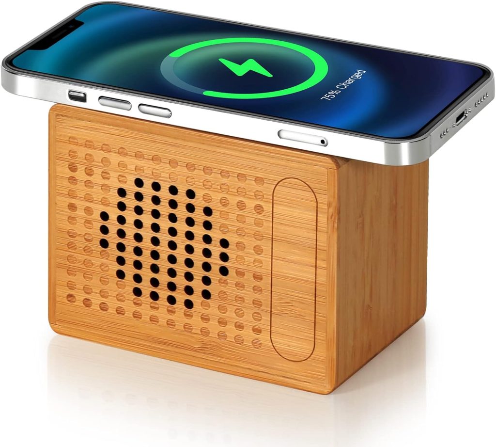 JYATUTU Bluetooth Speaker with Wireless Charger, 10W Fast Wireless Charging, Handmade Small and Portable Speakers, HD Sound and Bass for iPhone ipad Android Smart Devices and More