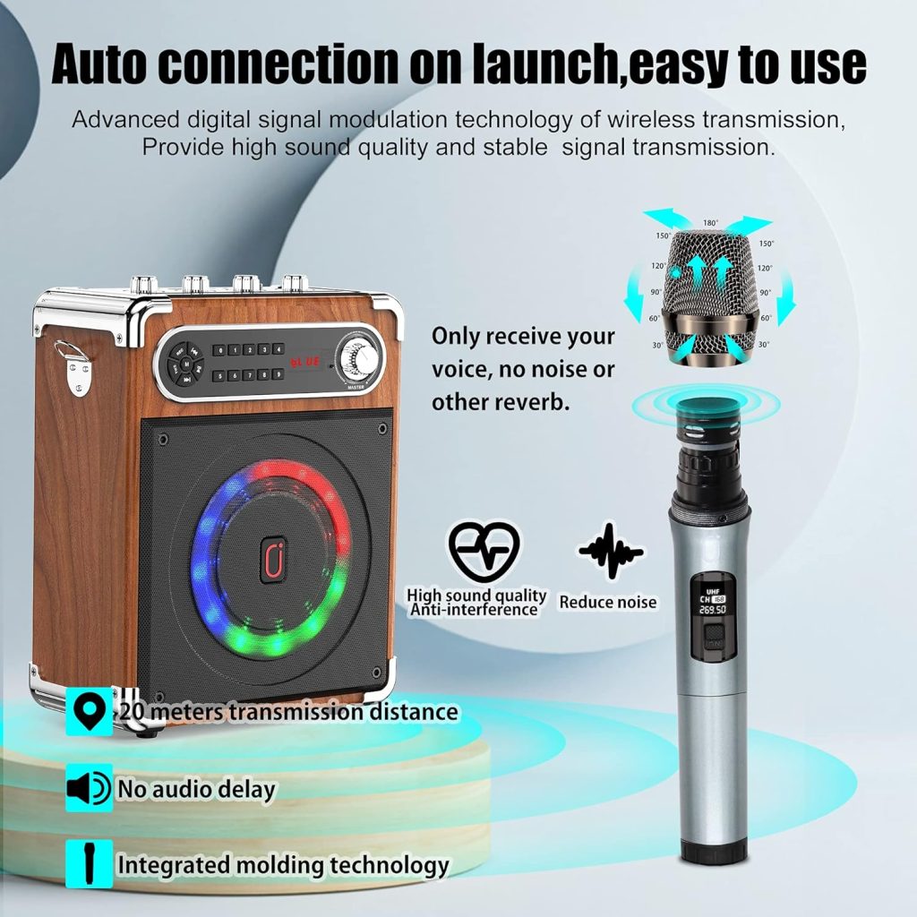 JYX Karaoke Machine with Two Wireless Microphones, Portable Bluetooth Speaker with Bass/Treble Adjustment, PA System with Remote Control, LED Lights,Supports TF Card/USB, AUX IN, FM, REC,TWS for Party