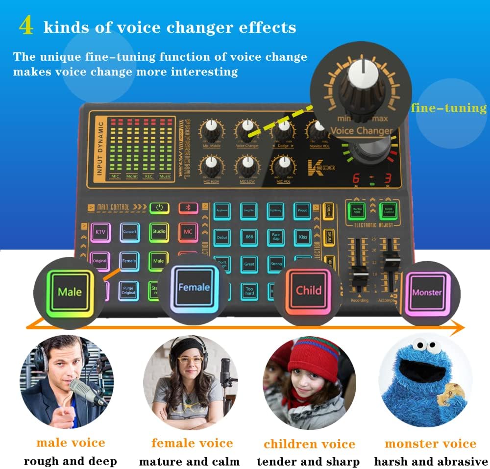 K300 Sound Effects Board Set, LED Light Voice Changer Sound Card with Multiple Sound Effects - Podcast Equipment Bundle for Live Streaming/Laptop Computer Vlog/Living Broadcast YouTube or TikTok