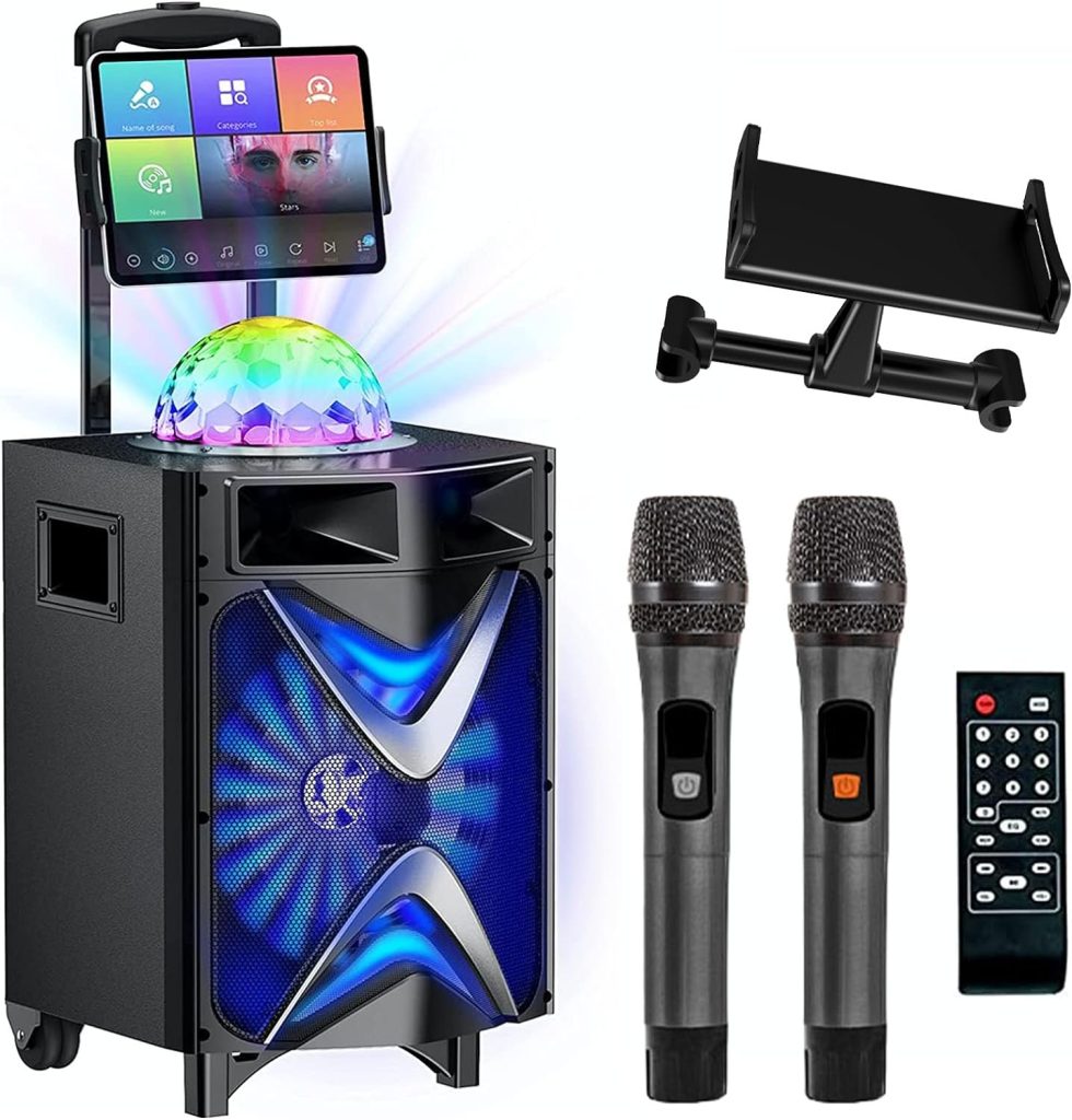 Karaoke Machine for Adults  Kids, VeGue Bluetooth Speaker PA System with 2 Wireless Microphones, 10 Subwoofer, Disco Ball LED Light, Singing Machine for Home Karaoke, Party, Church (VS-1088)