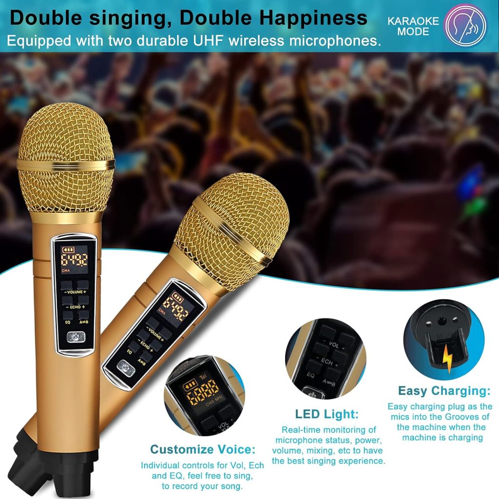 Karaoke Machine for Kids Adults, ALPOWL Portable Bluetooth Speaker with 2 UHF Wireless Microphone for Home Party, Wedding, Church, Picnic, Outdoor/Indoor (Gold-307)