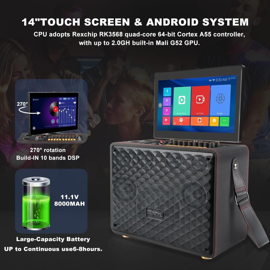 Karaoke Machine with 2 Microphones and Lyrics Display，Bluetooth Portable Karaoke Machine,Built-in 14 HD Touch Screen,Supports WiFi/Bluetooth/USB/TF Card/AUX/Inputs,Best Gift for Adults and Kid