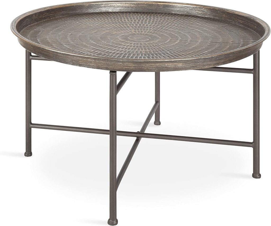 Kate and Laurel Mahdavi Boho-Chic Hammered Metal Tray Coffee Table, Brushed Silver