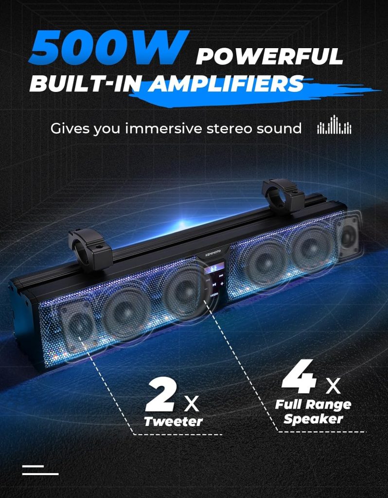 KEMIMOTO 6-Speaker UTV Sound Bar Waterproof Bluetooth Music Sync Multicolor Lights 26 inch SxS Speakers Wireless Soundbar for UTV Golf Cart w/ 1.75-2.25in Roll Bar