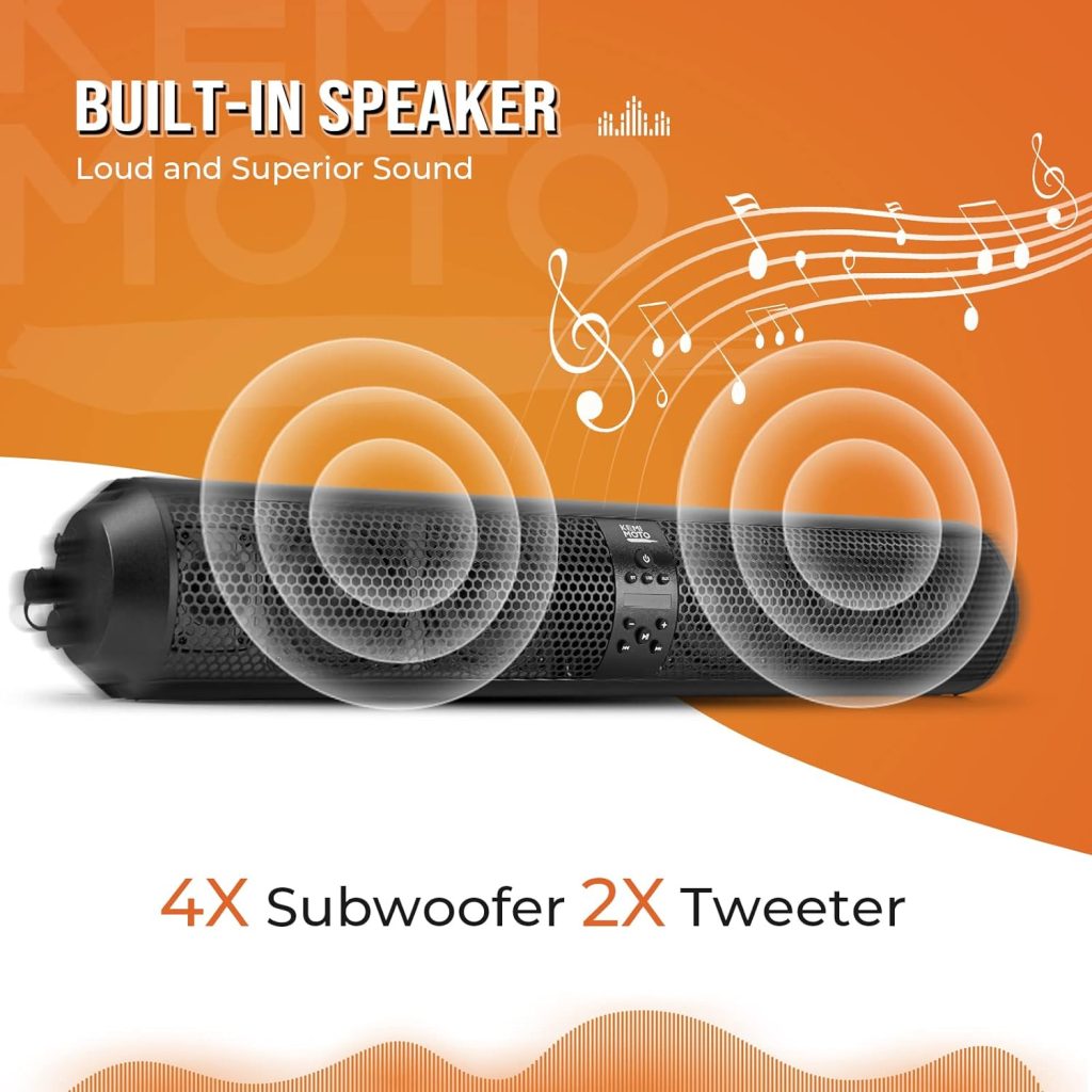 KEMIMOTO UTV Soundbar SXS Sound Bar X3 Speaker- 28 Inches Wide, IPX5 Waterproof, Bluetooth Compatible, Amplified, USB, AUX Input, 4X Speakers, 2X Tweeters Adapt to 1.56-2.25 Roll Bar