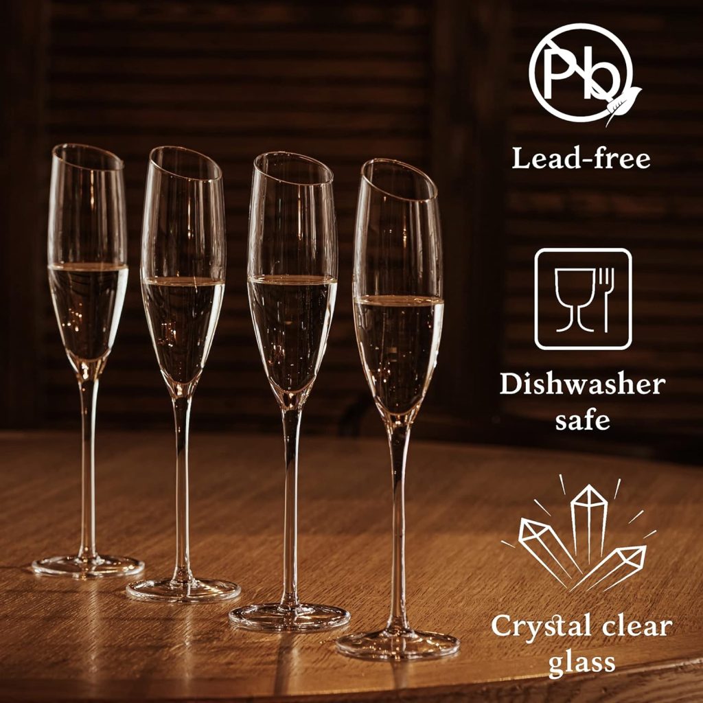 Kemstood Champagne Flutes - Modern Crystal Mimosa Glasses (6.4 Oz) for Sparkling Wine - Slanted Champagne Glasses Set of 4 - Birthday Gifts for Men - Christmas Gifts for Men and Women