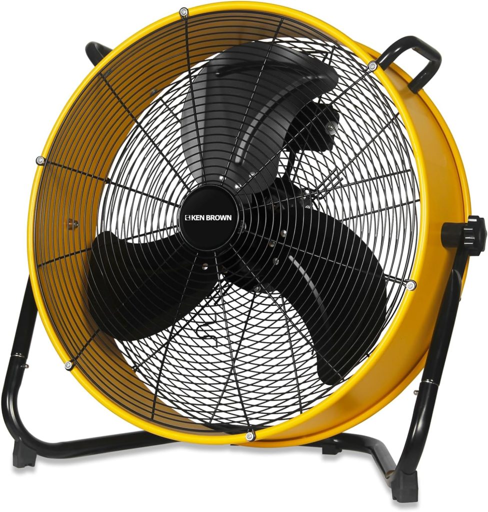 KEN BROWN 20 Inch High Velocity Floor Drum Fan, 3-Blades, 3-Speed, 360 Degree Tilting, Heavy Duty Metal Floor Fan for Garage, Shop, Gym