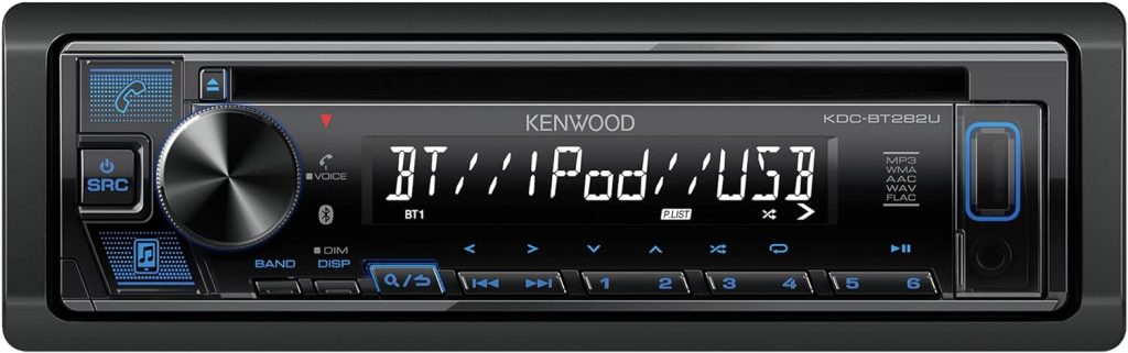 KENWOOD KDC-BT282U CD Car Stereo - Single Din, Bluetooth Audio, USB MP3, FLAC, Aux in, AM FM Radio, Detachable face with White 13-Digit LCD Display and Blue Button Illumination