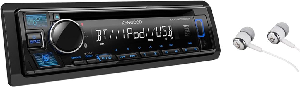 Kenwood Single DIN Bluetooth CD/AM/FM USB Auxiliary Input Car Stereo Receiver w/ Dual Phone Connection, Pandora/Spotify/iHeartRadio, Apple iPhone and Android Control with ALPHASONIK EARBUDS