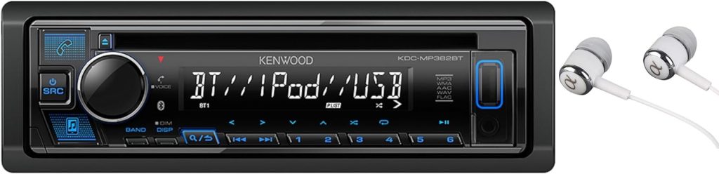 Kenwood Single DIN Bluetooth CD/AM/FM USB Auxiliary Input Car Stereo Receiver w/ Dual Phone Connection, Pandora/Spotify/iHeartRadio, Apple iPhone and Android Control with ALPHASONIK EARBUDS