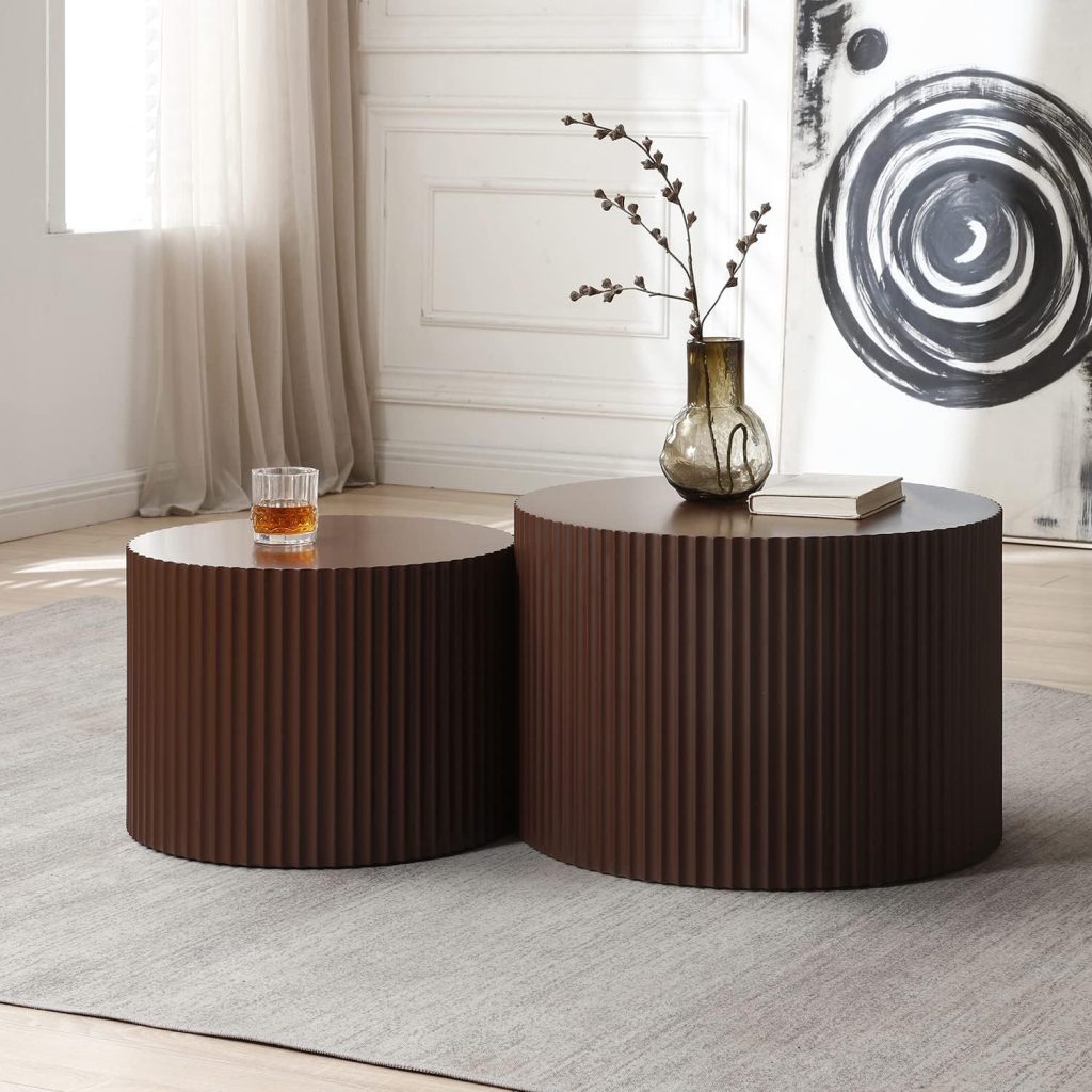 kevinplus Black Modern Nesting Coffee Table Set of 2 Round Side Table End Table for Living Room, Wood Circle Drum Coffee Table Contemporary Living Room End Table, Matte Black