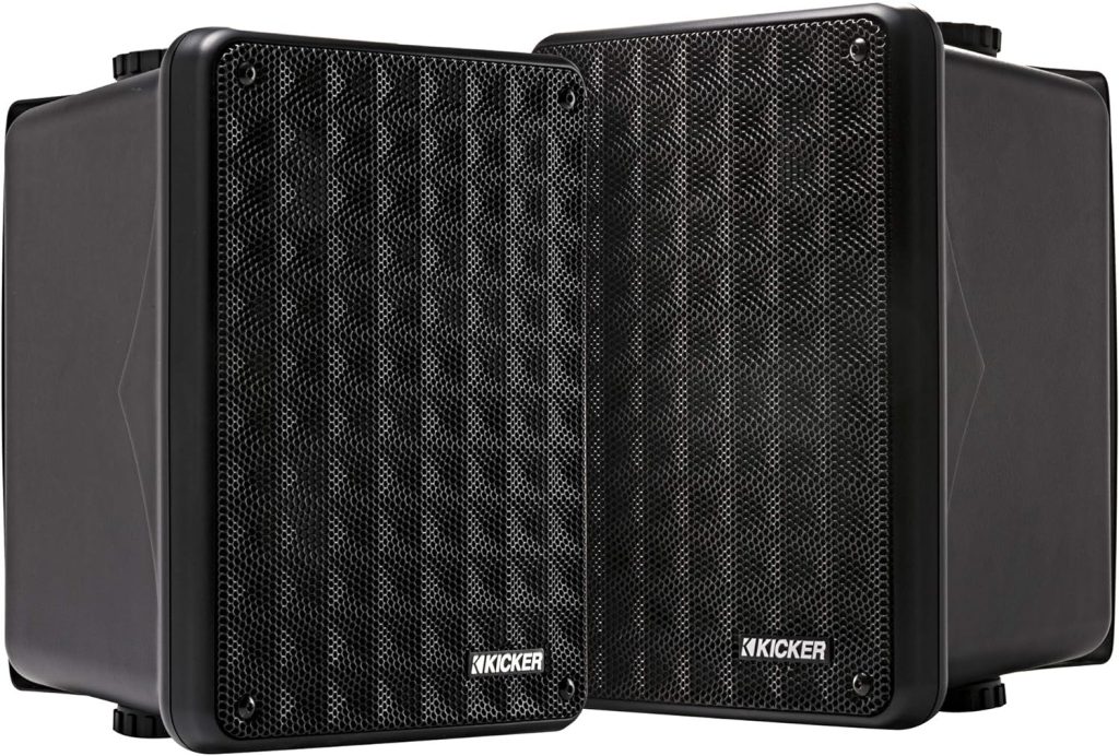 KICKER KB6B 2-Way Full Range Indoor Outdoor Speakers (Pair) Weatherproof Speakers for Patio Garage Poolside in-Home, 6.5 inch woofer, 2x5 inch Horn Tweeter Black