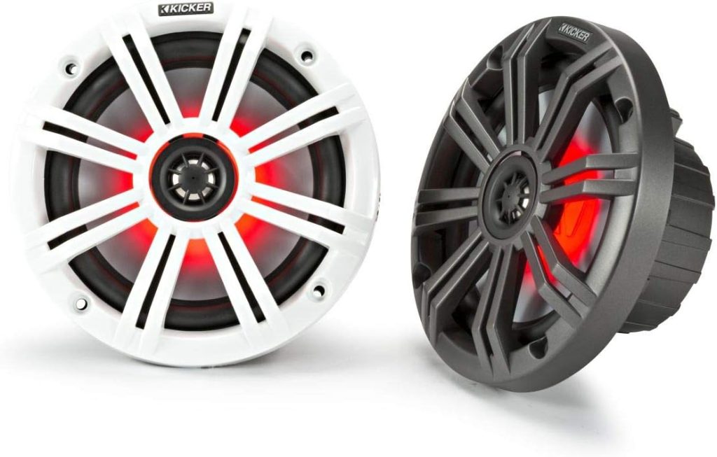 Kicker KM 6.5 Inch Marine UV Treated Speakers, Charcoal and White Grilles with 7 Color LED System Included