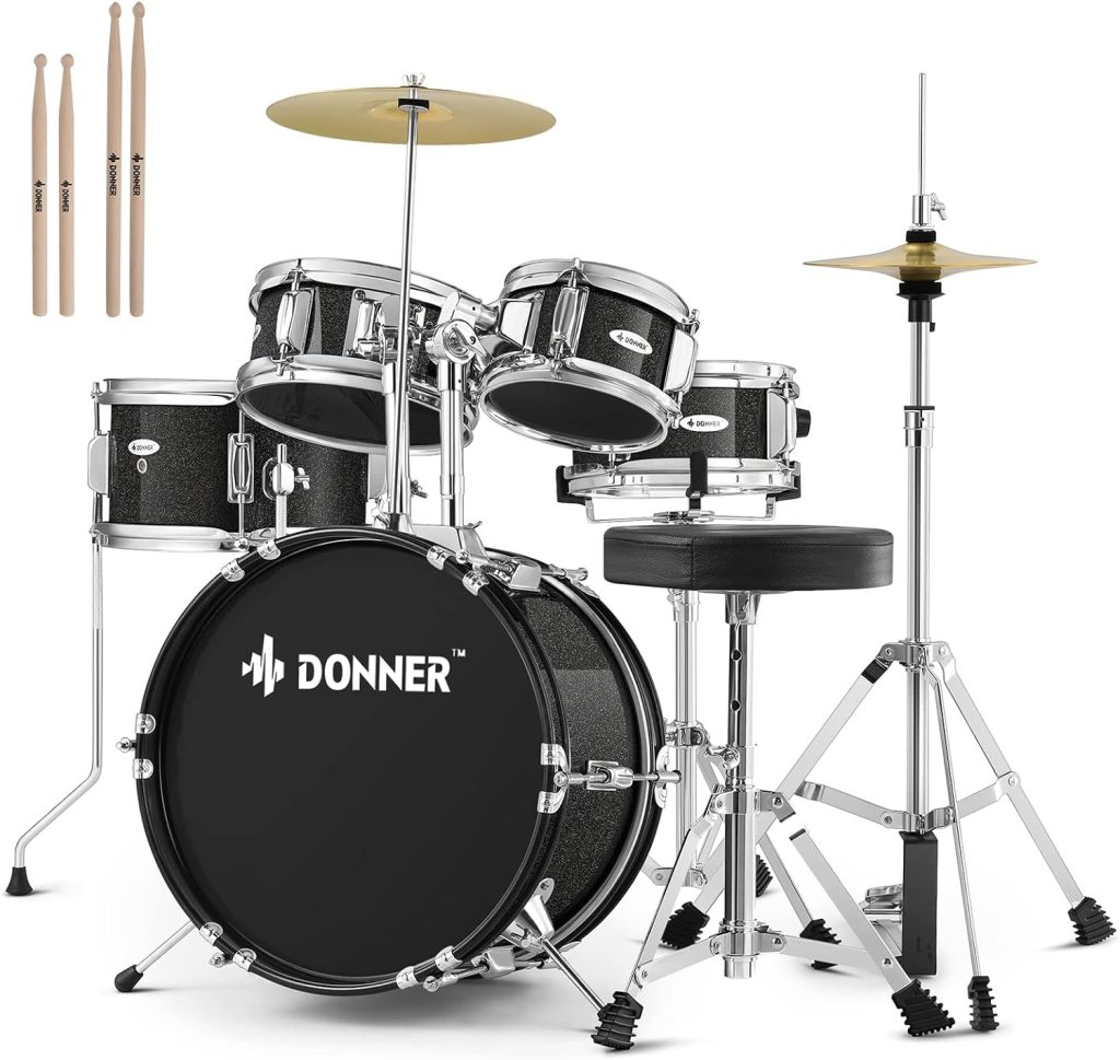 Kid Drum Sets-Donner 5-Piece for Beginners, 14 inch Full Size Complete Junior Drum Kit with Adjustable Throne, Cymbal, Hi-Hat, Pedal  Drumstick, Metallic Black