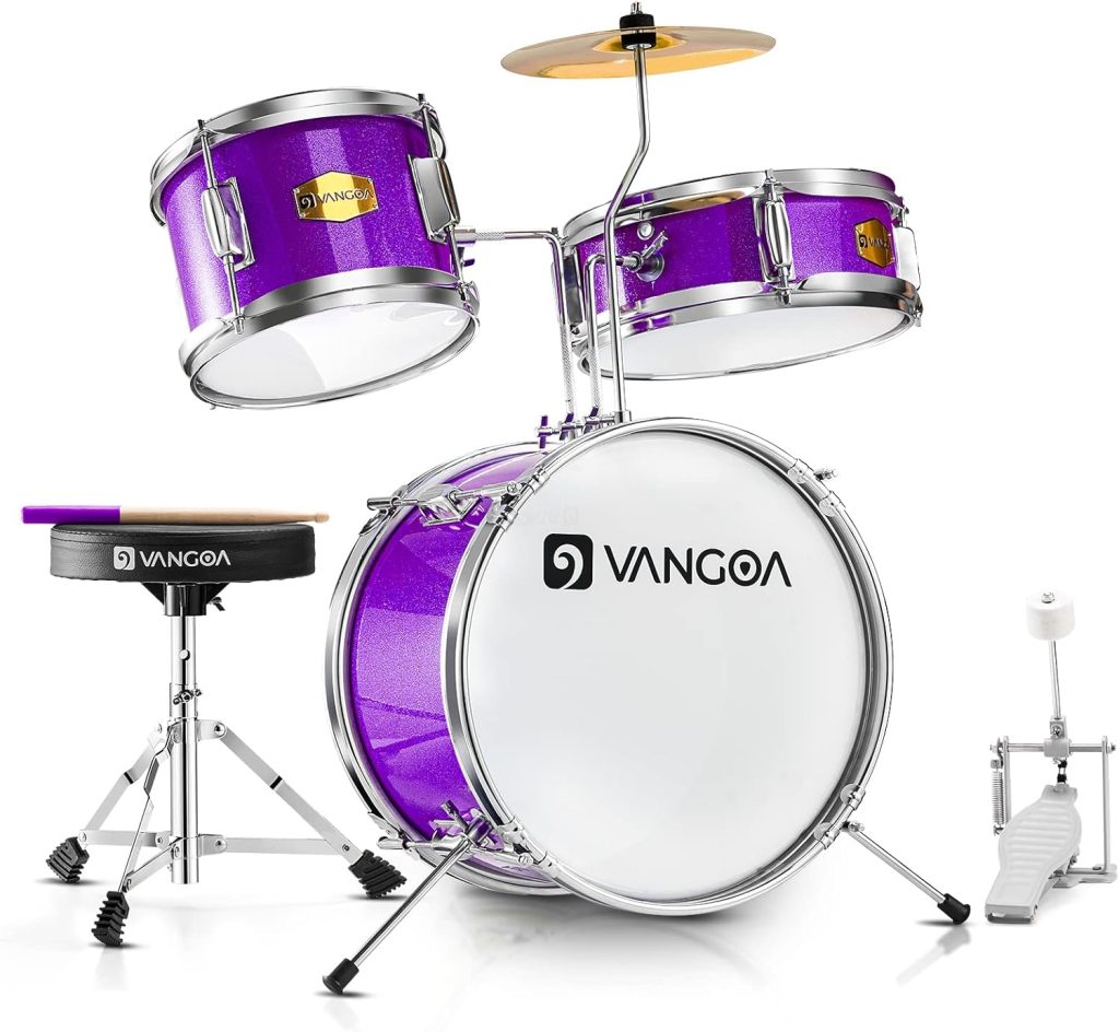 Kids Drum Set, 14 Inch Beginner Drum Kits, 3 Piece Drum Set for Kids Boys Girls Age 3-7, with Adjustable Throne, Cymbal Pedal, Drumsticks, Purple