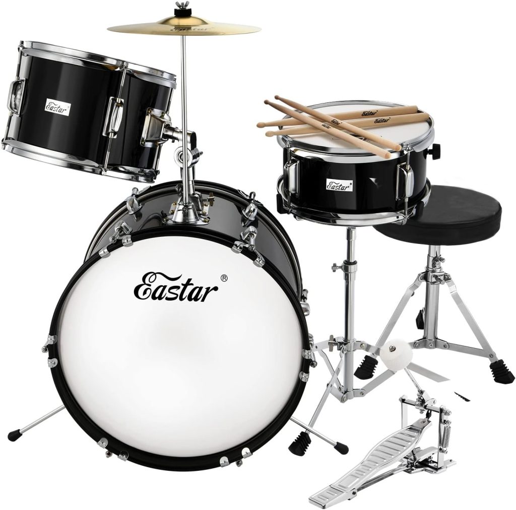 Kids Drum Set - 16 inch 3-Piece Junior Drum Kit for Starter Beginners Ages 3-8, Including Throne, Cymbal, Pedal  Drumsticks, Mirror Black (EDS-285B)