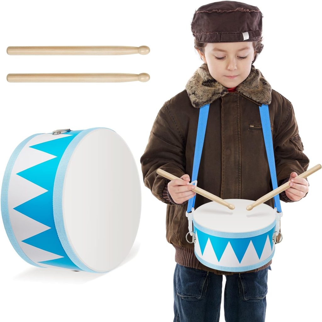 Kids Drum Set 7.87 in Wooden Toy Drum with Adjustable Strap 2 Drumsticks Educational Sensory Musical Instrument Drum Set for Toddlers Kids Baby Toy Gift(Blue Fang) : Toys  Games