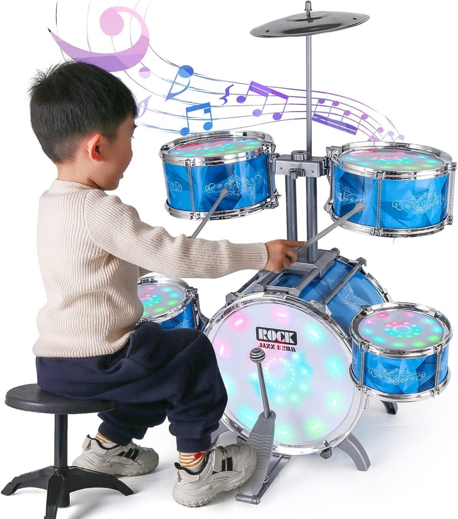Kids Drum Set for Toddlers with 5 High Drums  Lights (Vibrating-Controlled)  Alloy, Drum Kit Musical Instruments Toys Boys Jazz Drum for Aged 1-3 3-5