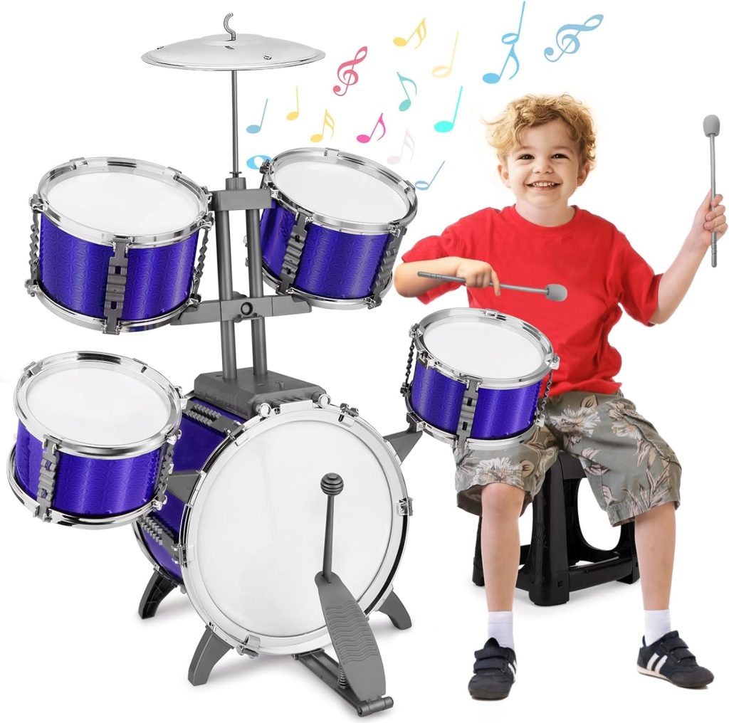 Kids Drum Set Jazz Drum Rock Kit Toys for 3 4 5 6 7 Year Old - 5 Piece Toddler Band Rock Drum Toy Educational Percussion Musical Instrument Birthday Playset