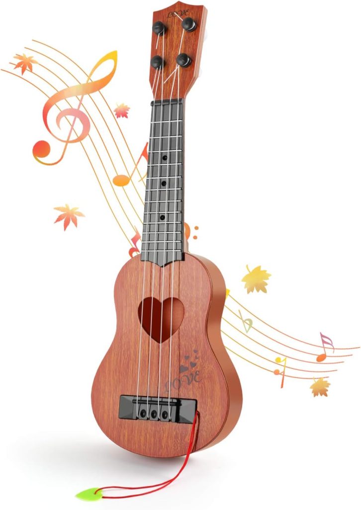 Kids Guitar Ukulele, Musical Instrument for Toddler Ukulele, 4 Strings Guitar for Beginners Ukulele Toy (Brown-Love)