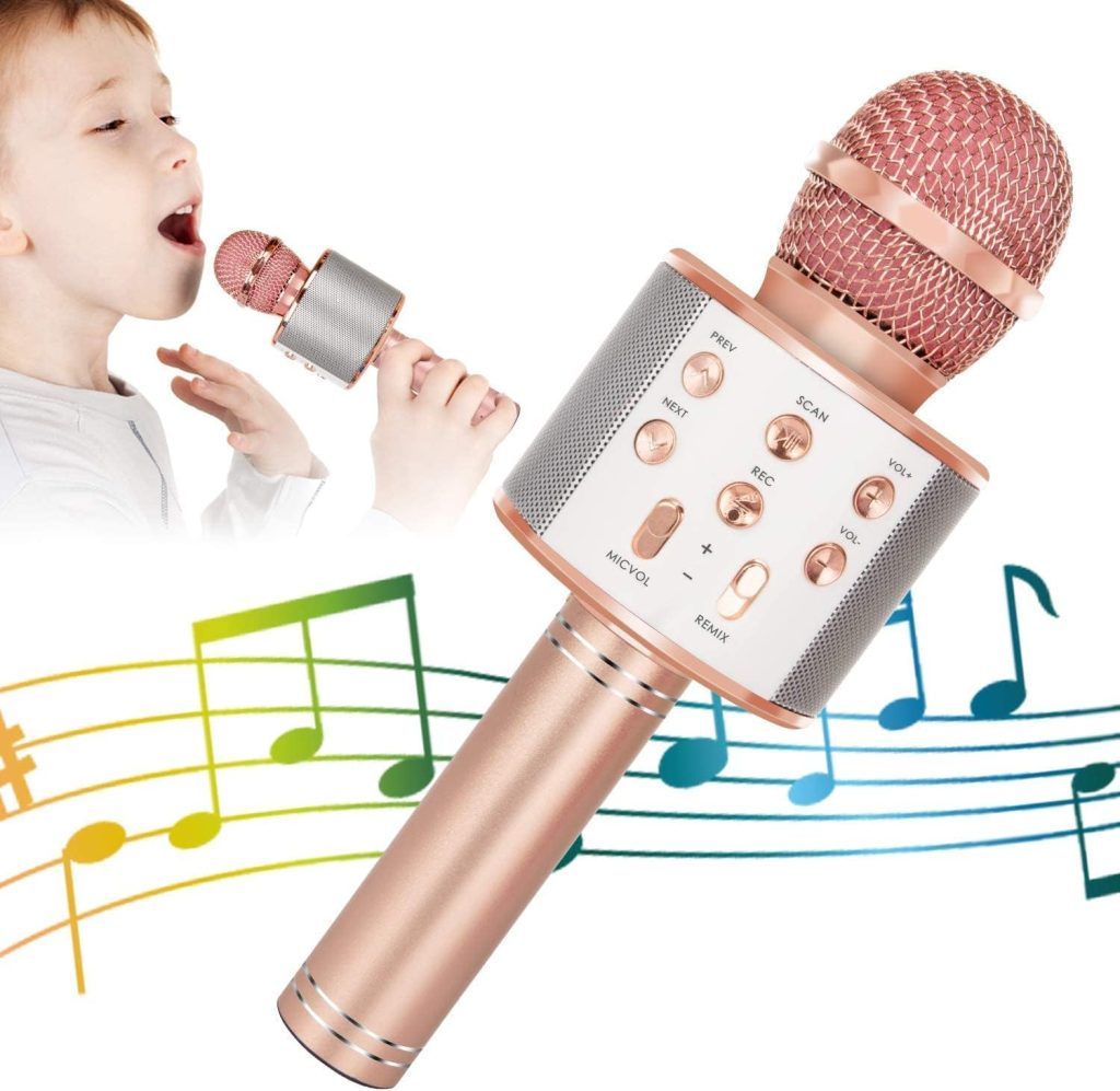 KIDWILL Wireless Bluetooth Karaoke Microphone for Kids, 5-in-1 Portable Handheld Karaoke Mic Speaker Player Recorder with Adjustable Remix FM Radio for Kids Girls Boys Teens Birthday (858-Rose Gold)