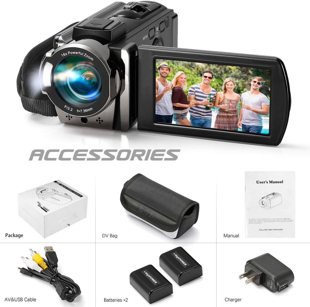 kimire Video Camera Camcorder Digital Camera Recorder Full HD 1080P 15FPS 24MP 3.0 Inch 270 Degree Rotation LCD 16X Digital Zoom Camcorder Camera with 2 Batteries(Black)