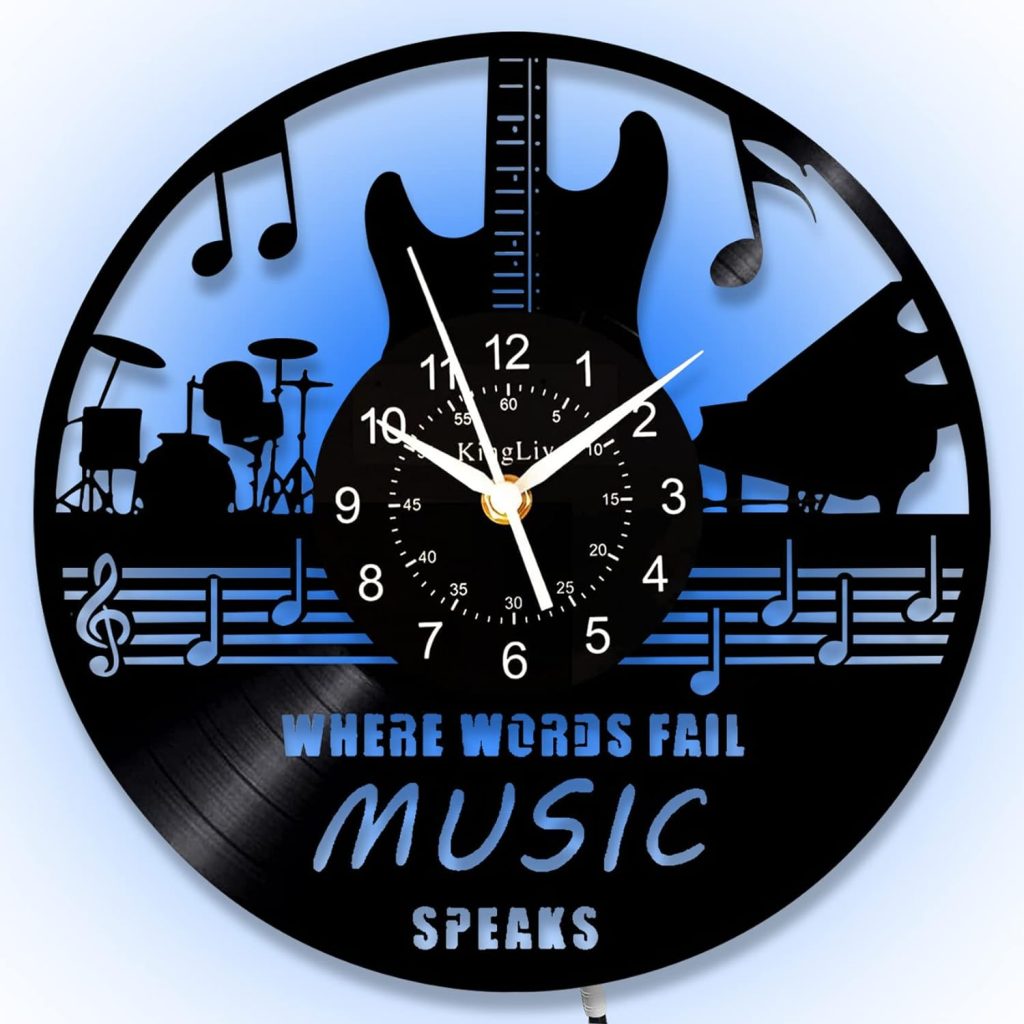 KingLive Guitar Vinyl Record Wall Clock, LED Illusion Round Night Light Guitar Wall Decor with Remote Control,Music Wall Clock 12 Inch Vintage Aesthetic Art Room Decor, Guitar Gifts for Men