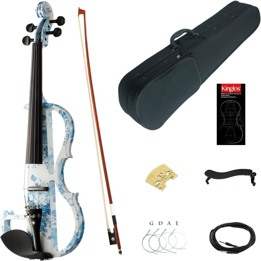 Kinglos 4/4 White Blue Flowers Colored Solid Wood Advanced Electric/Silent Violin Kit with Ebony Fittings Full Size (DSG1201)