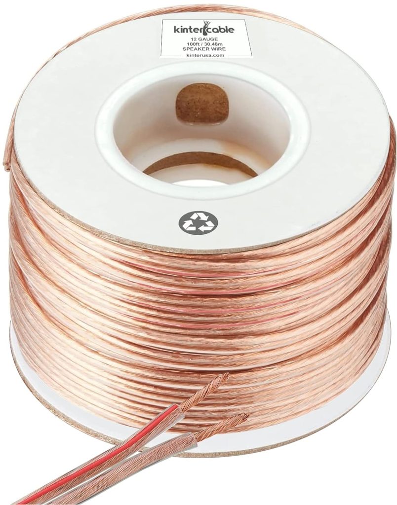 Kinter Cable 100ft 12-Gauge Audio Stereo Speaker Wire 30.48 Meters 2 Conductor Polarity Marked Clear PVC, CCA, Spool in Box, for Home Theater, HiFi, Surround, Car Audio, 105 High Strand Count (.2 OD)