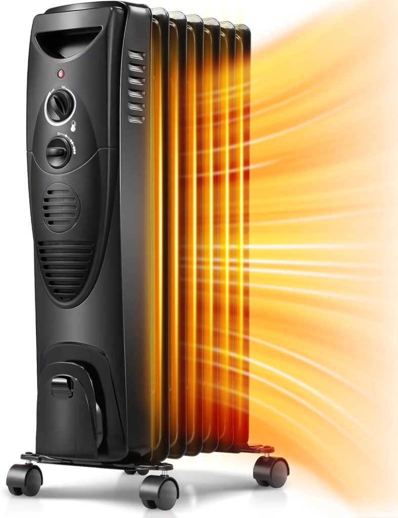 Kismile Portable Electric Radiator Heater, Oil Filled with 3 Heat Settings, Adjustable Thermostat, Overheat  Tip-Over Protection For indoor use, 1500W (Black)