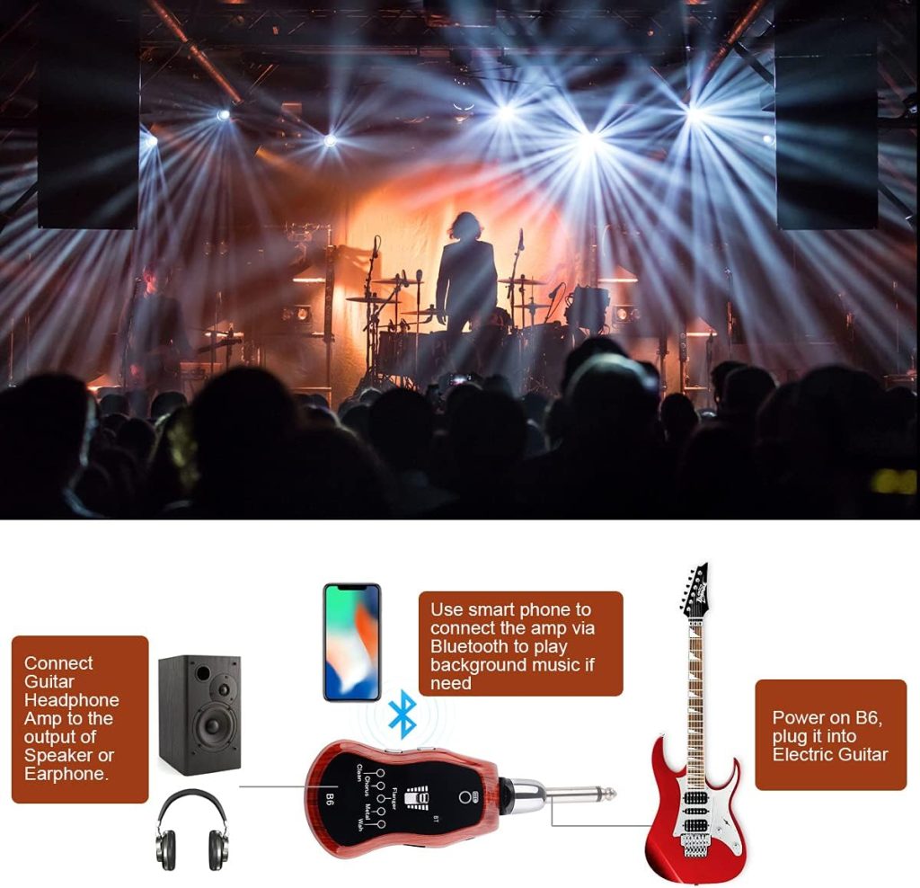 KITHOUSE B6 Guitar Headphone Amp Mini Plug Guitar Amplifier Bluetooth Receiver Rechargeable for Electric Travel Pocket Guitar With CLEAN/CHORUS/FLANGER/METAL/WAH 5 Effects(Mahogany Color)